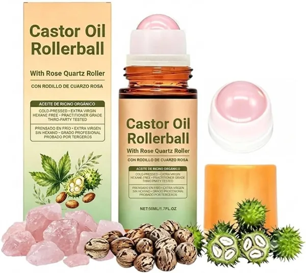 ROVIA Castor Oil with Rose Quartz Roller - 100% Cold Pressed Moisturizing Oil