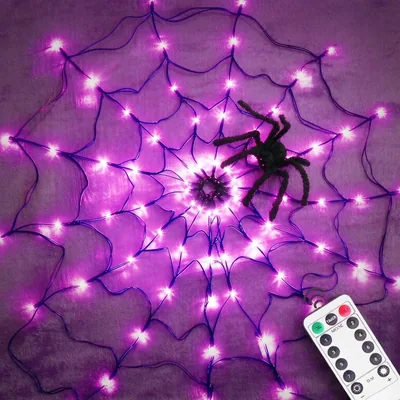 Decoración de Halloween KIROGILY con Telaraña y Araña Luces LED | 70 Modos, Control Remoto, Temporizador 8H, Impermeable