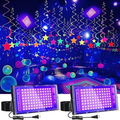 KIROGILY Luz Negra UV LED 50W 2 pcs, Reflector UV 395nm con Enchufe | IP65 Impermeable, 50 LEDs de 395nm