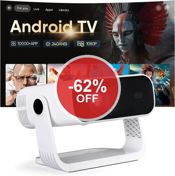 Projecteur vidéo intelligent 2026 - Android 14, 1080P, 4K, WiFi 6, Bluetooth 5.2 - 240 ANSI - Réglage automatique de la clé - 62% de réduction