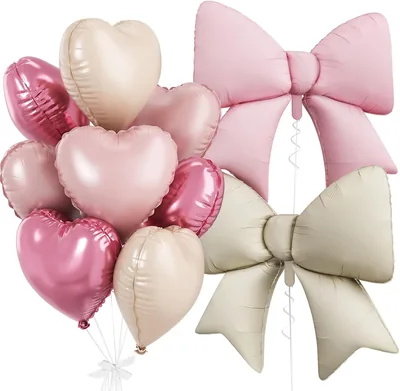 18 Inch Pink Heart Foil Balloons with Bow - 10 Pcs Romantic Helium Balloons
