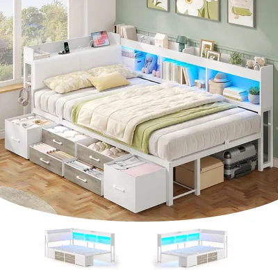 AOGLLATI Canapé-lit 140 x 190 cm avec rangement, lit de stockage 140 x 190 cm avec prise et éclairage LED, tête de lit rembourrée, 6