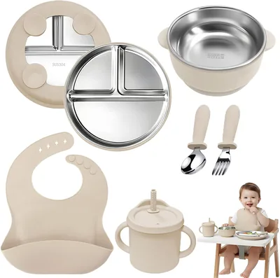Juego de Platos Multifuncionales para Bebé, 6 en 1, con Ventosa, Acero Inoxidable y Silicona - Mejor Precio
