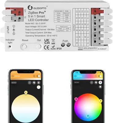 Contrôleur LED GLEDOPTO ZigBee 3.0 Pro+ 5-en-1, DC 12-24V, RGBCCT, RGBW, RGB, WWCW, Dimmable, Compatible Alexa, Hue, Tuya