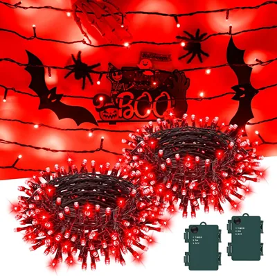 Pack mit 2 Halloween-Feenlichtern im Freien - 3m 30 LED Rot - Batteriebetrieben mit 6h Timer, IP65 Wasserfest