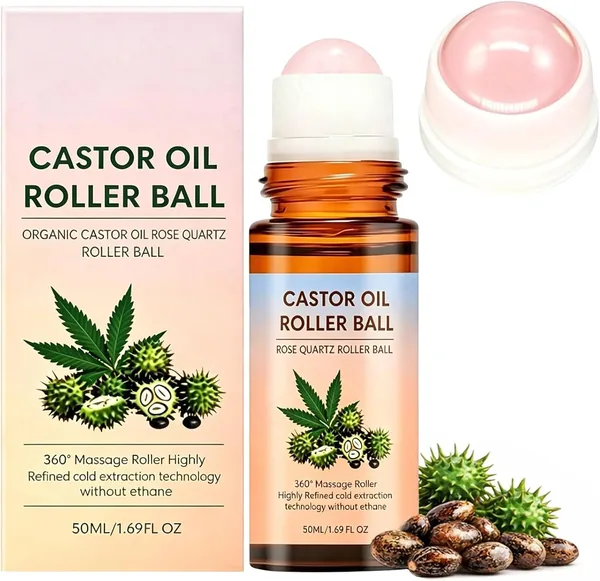 Organic Castor Oil Roll on Rose Quartz, Cold-Pressed with Real Rose Quartz Roller Ball Bottle