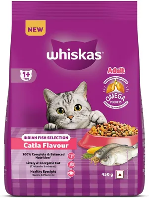 Whiskas Adult (1+ वर्ष) सूखा बिल्ली का खाना, Catla मछली का स्वाद, 450 ग्राम, 40 आवश्यक पोषक तत्वों से शक्तिशाली, पूर्ण और संतुलित आहार