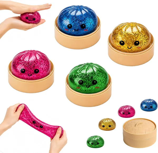 4er Set Glitzer-Dim Sum Squishy Dumplings mit Dampfer | Stressabbau Fidget Toy, Angstlöser