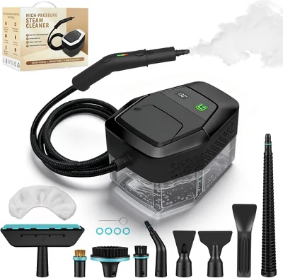 Pulitore a vapore portatile per casa 1500W riscaldamento rapido in 15s, serbatoio acqua 1,8L con 12 accessori per auto, Nero