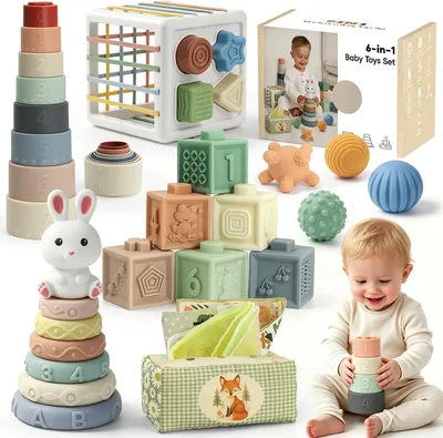 Juguetes Montessori Anook para Bebés de 6 a 12 Meses, 6 en 1 | Juguetes Sensoriales, Caja de Tissues para Bebé, Juguete Apilable y de Clasificación