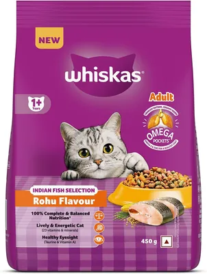 Whiskas Adult (1+ साल) ड्राई कैट फूड, रोहू फिश फ़्लेवर, 450 ग्राम, 40 आवश्यक पोषक तत्वों से संपन्न, पूर्ण और संतुलित आहार
