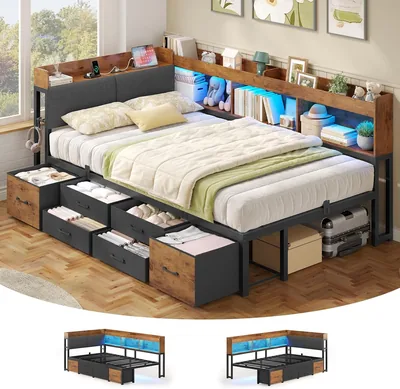 AOGLLATI Canapé-lit 140 x 190 cm avec Rangement, Lit de rangement 140 x 190 cm avec Prise électrique et Éclairage LED, Tête de lit rembourrée, 6