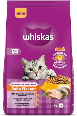 Whiskas Adult (1+ वर्ष) सूखा बिल्ली खाना, रोहू मछली फ़्लेवर, 1.2 किग्रा, 40 आवश्यक पोषक तत्वों से शक्तिशाली, पूर्ण और संतुलित आहार