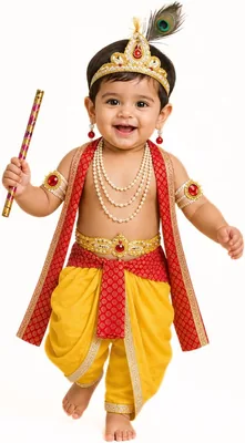 ITSMYCOSTUME कृष्ण ड्रेस बेबी लड़कों के लिए सेट, 10 पीस (धोती, पट्टा, हिप कवर, मुकूट, मॉरपंख, बन्सुरी, कमरबंद, बजुबांद, कुंडल) - सर्वश्रेष्ठ सौदा