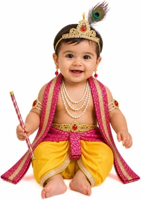 मेरा कॉस्टयूम कृष्ण ड्रेस बेबी बॉय किड्स सेट ऑफ 10 (धोती, पट्का, हिप कवर, मुकूट, मोरपंख, बांसुरी, कमरबंद, बाजुबंद, कुंडल) Best Deal