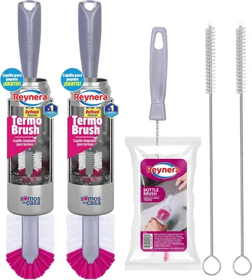Kit de Cepillos Reynera para Termos y Vasos - 5 Piezas con Limpia Popotes, Mango Largo Ergonómico y Cerdas Suaves Anti-B
