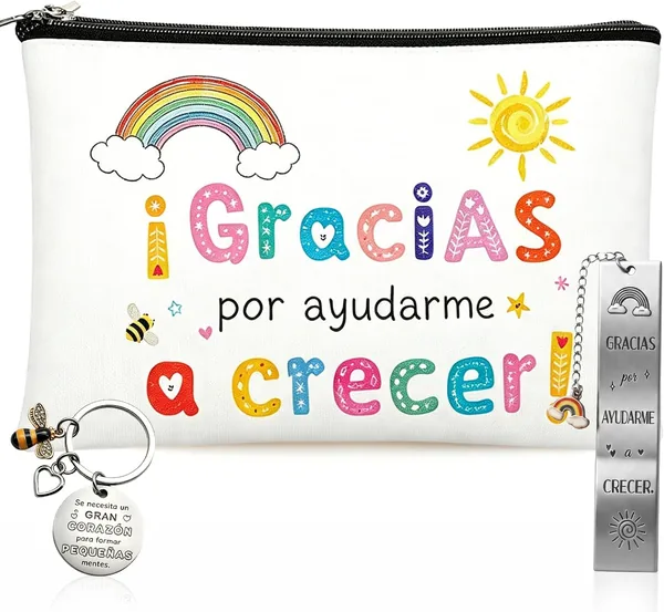 BORISCA Set de 3 Regalos para Maestra de Primaria: Bolso de Maquillaje, Llavero y Marcador. ¡Gracias por Ayudarme a Crecer! Best Deal