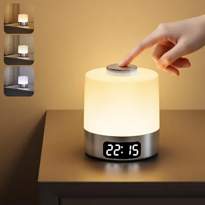 Lámparas de mesita de noche WOBANE, luz nocturna recargable con reloj | 3600 mAh, temperaturas y brillo del color ajustables
