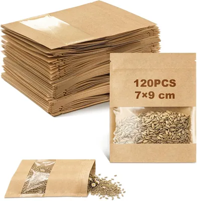 Mawmuaw 120 Stück Samenbeutel 7×9 cm braune Kraftpapierbeutel mit Fenster