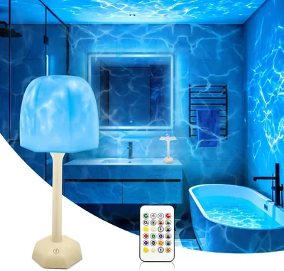 Lamptobe Lampe de Douche Étanche avec Projecteur d'Onde Oceanique | Lampe d'Ambiance Rechargeable Sans Fil à Télécommande et 16 Couleurs
