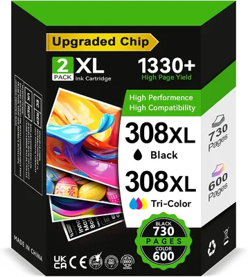 INKWELLZ 308XL BK/CMY - Cartouche d'encre de remplacement pour HP Envy 6120e 6132, 730+ pages, 5% Off