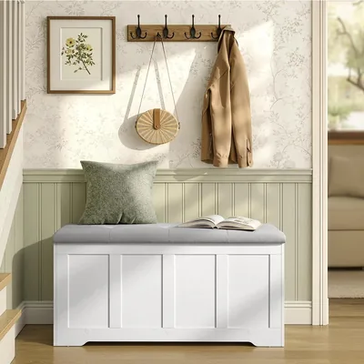 Vasagle Coffre de Stockage avec Couvrent, 2 Charnières de Sécurité, Banc à Chaussures, Style Country, Hall d'Entrée, Chambre à Coucher, Salon, 41 x 101 x 49 cm