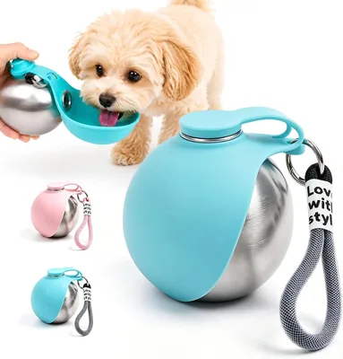 Botella de agua portátil para perros 2 en 1, 285 ml, Cuenco anti derrame de acero inoxidable con cuenco plegable de silicona, para paseos