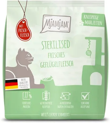 MjAMjAM - Alimento seco para gatos premium - Comida crujiente - Esterilizado - Pollo fresco, Paquete de 1 (1 x 300g), Sin cereales