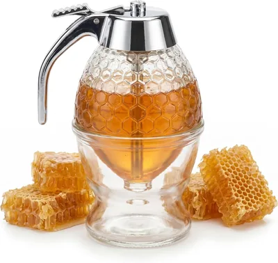 VELUNO Honey Dispenser 200ml Beehive Syrup Server, Mess-Free No-Drip Spout, One-Handed Lever, Transparent Acryl