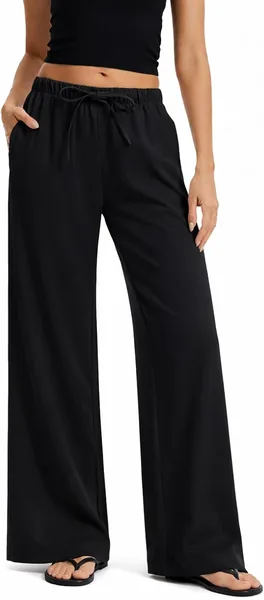 Aiybao Women High Waisted Wide Leg Crepe Pants Pull On Wrinkle Free Work Business Casual Trousers with Pockets