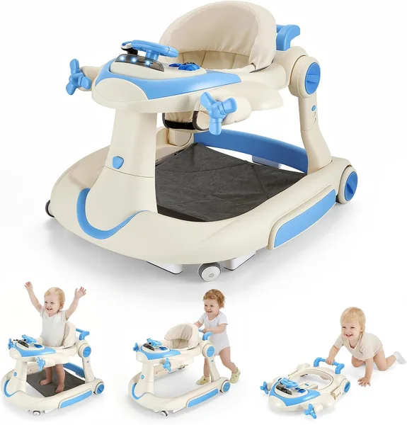 Baby Walker with Wheels, Foldable Baby Walker (51/53/55cm) Height Adjustable, Airplane-shaped Baby Walker with Removable Game Tray & Music