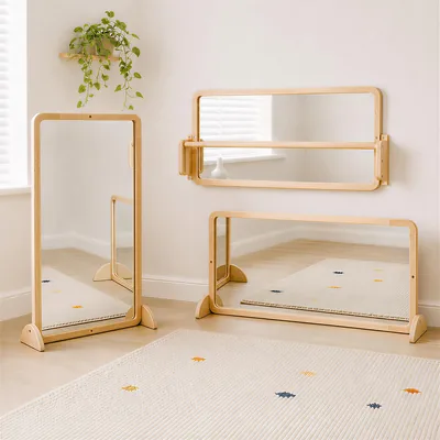 Woodtoe 4-in-1 Montessori Mirror - Adjustable Tummy Time Floor Mirror & Baby Pull to Stand Toy, Natural