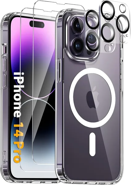 Étui magnétique Vuletc pour iPhone 14 Pro avec 2 verres trempés et 2 protections de caméra, compatible MagSafe, Anti-