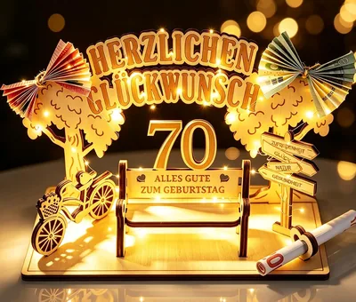 Giftota Original 70. Geburtstag Geldgeschenk für Frauen & Männer | 70. Geburtstagsdekoration - DIY Holzzeichen Gastbuch mit LED
