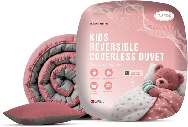 SleepyNights 7.5 Tog Reversible 120 x 150cm Cot Bed Coverless Duvet & Pillow Set Anti Allergy Toddler Comfort Baby Quilt - Pink Grey