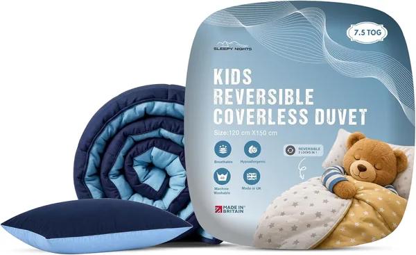 SleepyNights 7.5 Tog Reversible 120 x 150cm Cot Bed Coverless Duvet & Pillow Set Anti Allergy Toddler Comfort Baby Quilt - Navy Blue Sky Blue