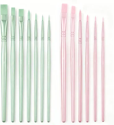 Paint Brushes Set for Acrylic & Watercolor - 12 Pcs Nylon Bristles, Flat & Round Tips, Pink & Green Wooden Handle