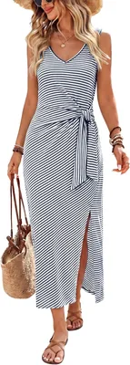 OFEEFAN Summer Dresses Women V Neck Midi Dress Best Deal