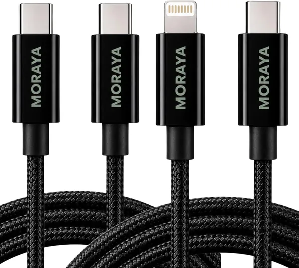 حزمة كابلات مورايا 60 واط من USB-C إلى USB-C و USB-C إلى Lightning، شاحن سريع من النايلون مقوى Type-C لهاتف iPhone 1