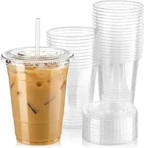 12 oz Clear PET Cups with Flat Lids - Crystal Disposable Drink Cups