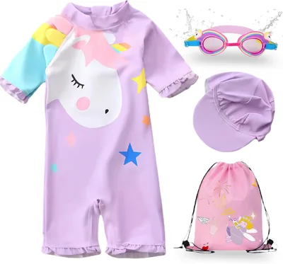Oceanic Girls Swimwear Set - Short Sleeves Rash Guard with Goggles, Cap & Mesh Bag
