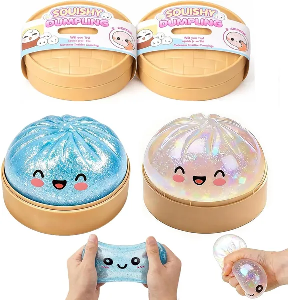 Ayucanpeng 2 x Dumplings Glitters, Peluche Squishy Anti-Stress avec Boîte de Cuisson, Jouet Portable à Pousser