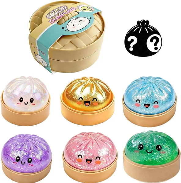 Dumpling Squishy avec Panier à Vapeur 9.5 cm, Mystère Dumpling Brillant, Jouet Anti-Stress pour Enfants et Adultes (1 pièce aléatoire)