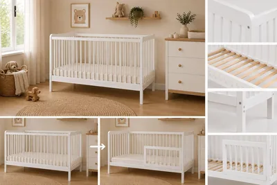 Lit bébé Happy Bliss Sasha 120 x 60 cm en bois de hêtre, transformable en lit junior avec barrière de sécurité, certifié EN 716 - 64% Off