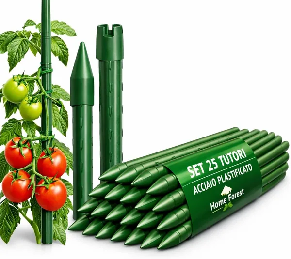 Set 25 Paletti per Piante Rampicanti e Pomodori in Acciaio Plastificato Bastoncini Supporto Resistenti per Orto Giardino Pali Tutori Sostegno Antiruggine Cetrioli Fiori Verdure Pia