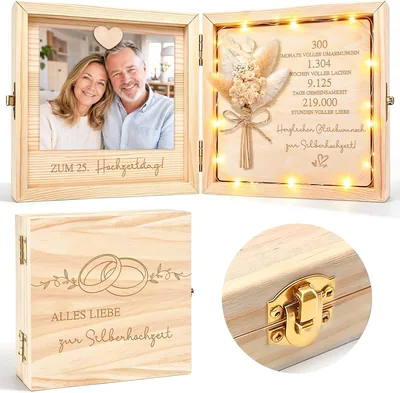 Silberne Hochzeitsgeschenk, Holzkiste mit LED-Feenlichtern, 25. Hochzeitstag Geschenkideen, Silberne Hochzeitsdekoration, 2er Set