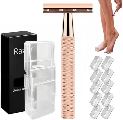 Double Edge Matte Rose Gold Safety Razor - 10 Stainless Steel Blades - Best Deal