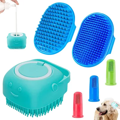 FA PLUS 6pcs Dog Bath Brush & Toothbrush Set - Adjustable Handle for Dogs & Cats