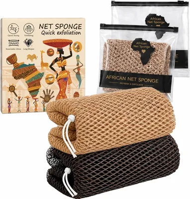 Naryvora 2 x Réseaux de Douche Exfoliants Africains, Éponge Net | Extensible 120 cm, Authentique Djampe, Nylon Haute Élasticité