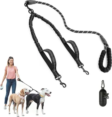 Correa Doble para Perro, Correa Antienredos Giratoria de 360°, Negro | Ajustable, Diseño Reflectante